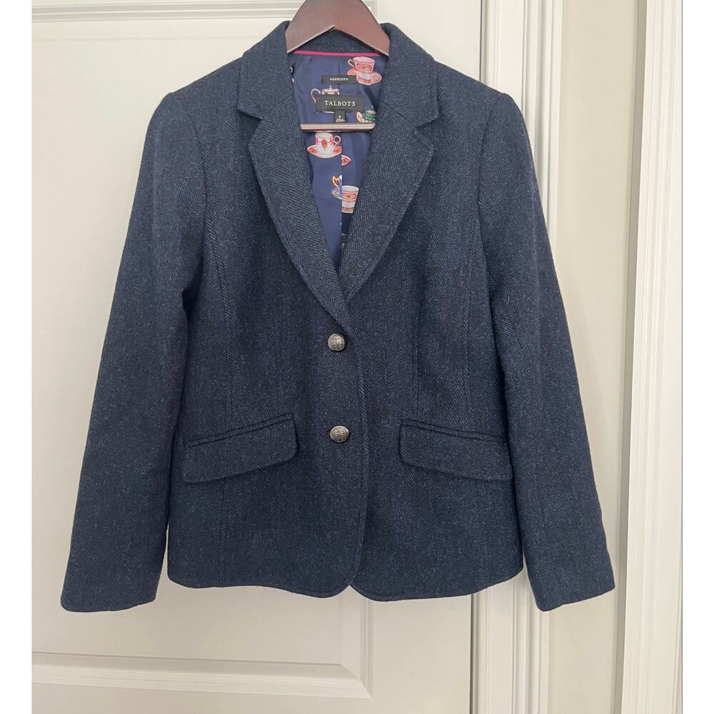 Talbots Aberdeen Navy Herringbone Wool Blend Blazer Jacket Size 8P teacup - Picture 2 of 7